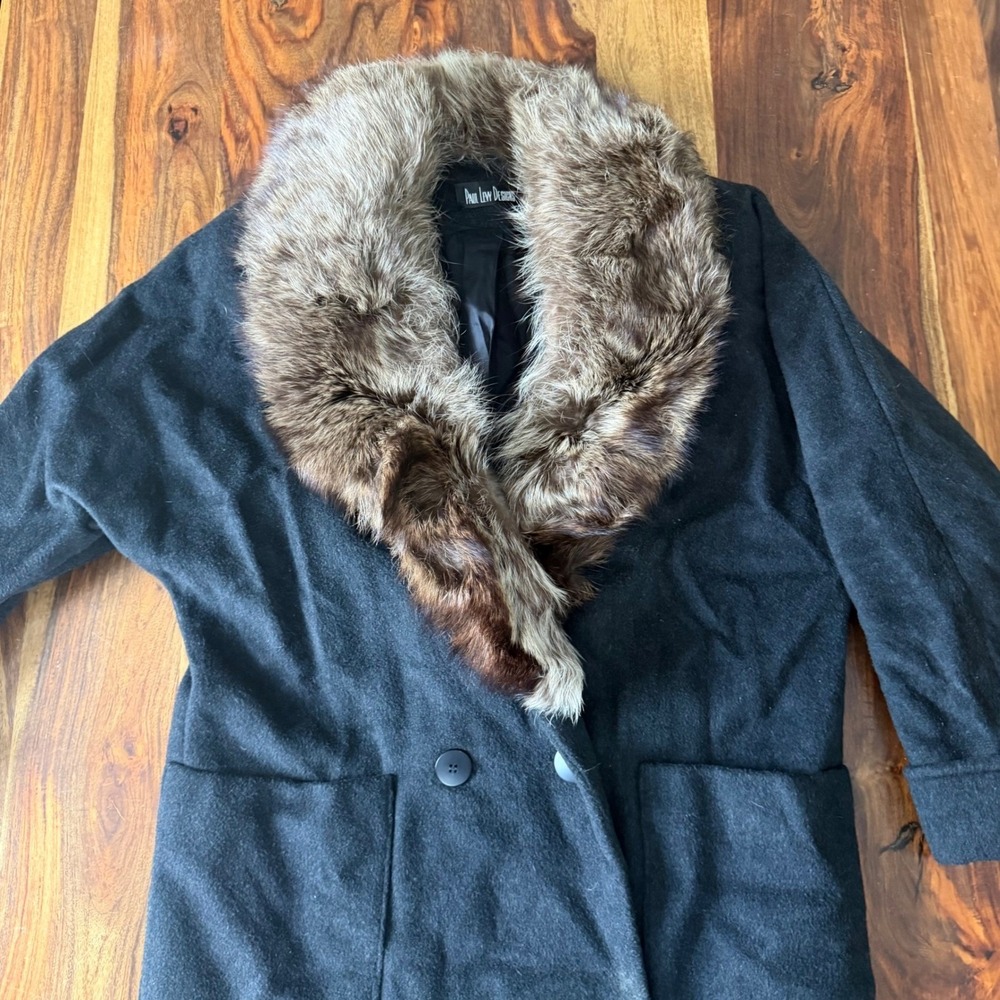 Paul Lew Designs Womens Charcoal Grey Long Wool Coat Real Fur Collar Double - Picture 2 of 11